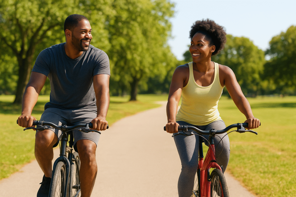 Duas pessoas andando de bicicleta para exercitar.