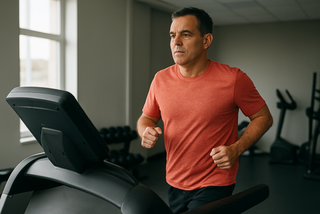 Homem executa atividade física aeróbica na esteira. 