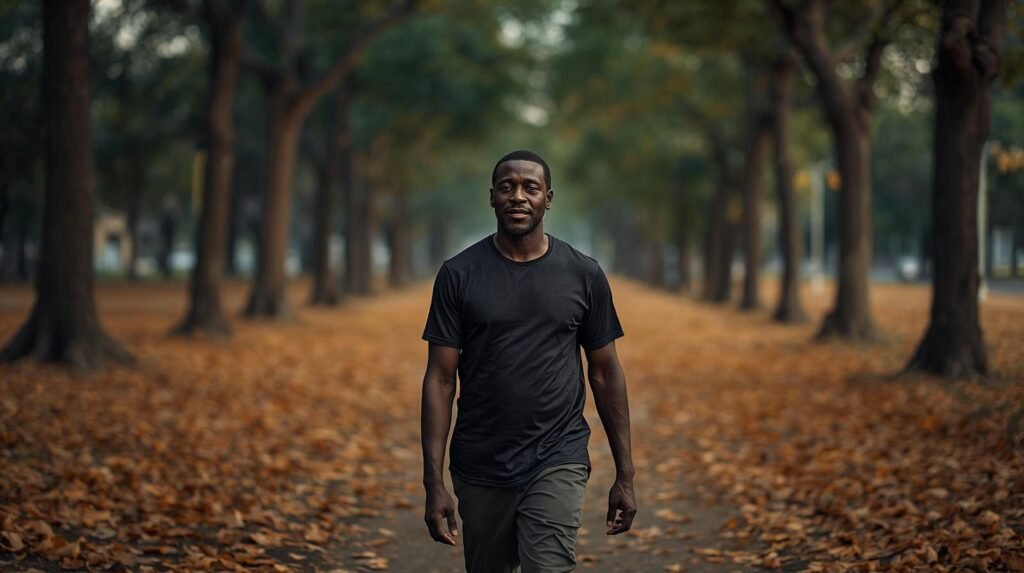 Homem com seus 45+ caminhando sozinho em um parque e traz consigo a maturidade e transição da vida.