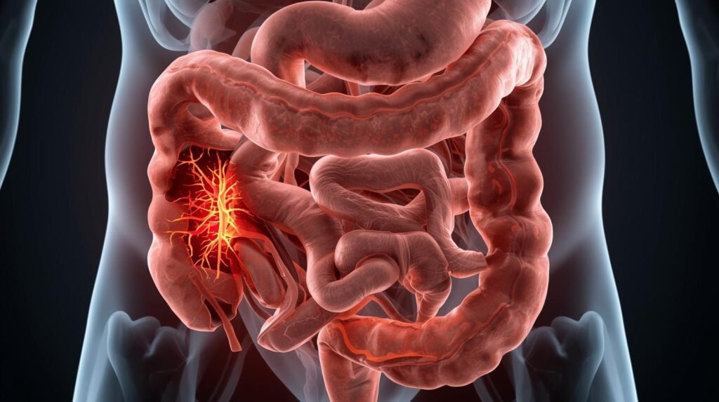 Intestino inflamado de um adulto