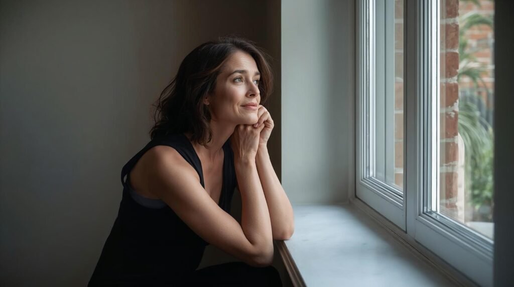 Mulher adulta em reflexão próxima à janela, simbolizando consciência emocional e reposicionamento pessoa