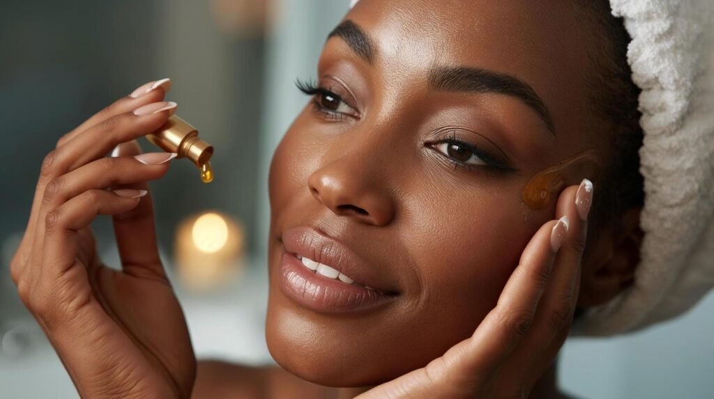 Mulher Negra aplicando o óleo de Jojoba Puro.