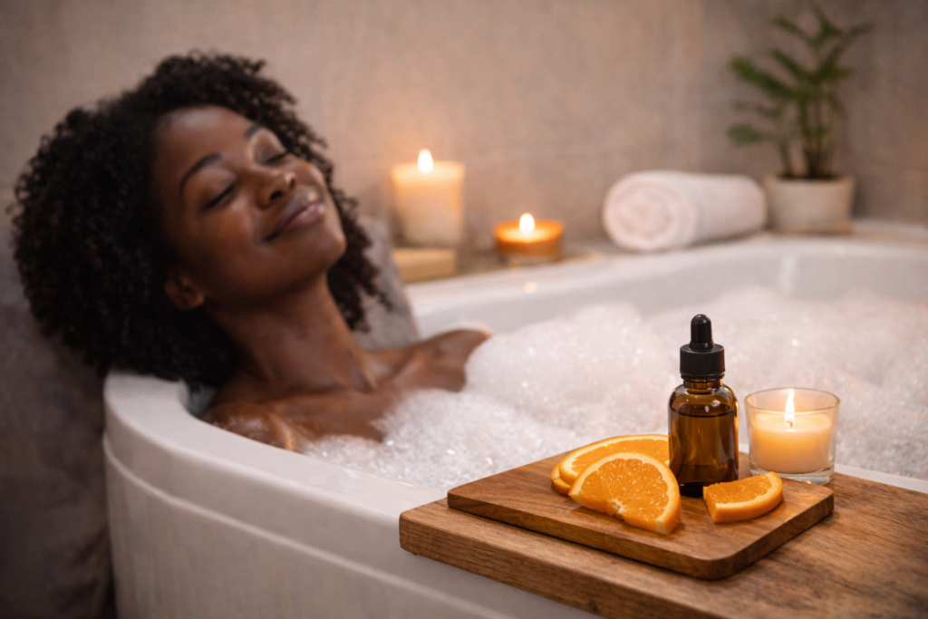 Mulher aplicando óleo essencial de laranja doce no corpo durante rotina de relaxamento