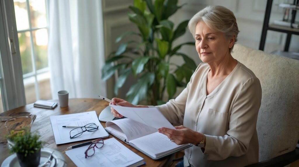 Mulher acima de 45 anos organizando exames e cuidados preventivos em casa